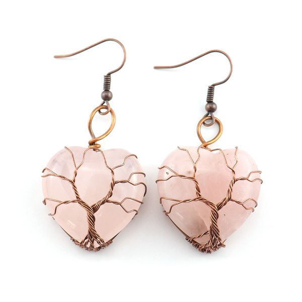 

retro wire wrap natural stone 30mm heart tree of life dangle earrings reiki healing crystals rose quartz earrings for women jewelry, Silver