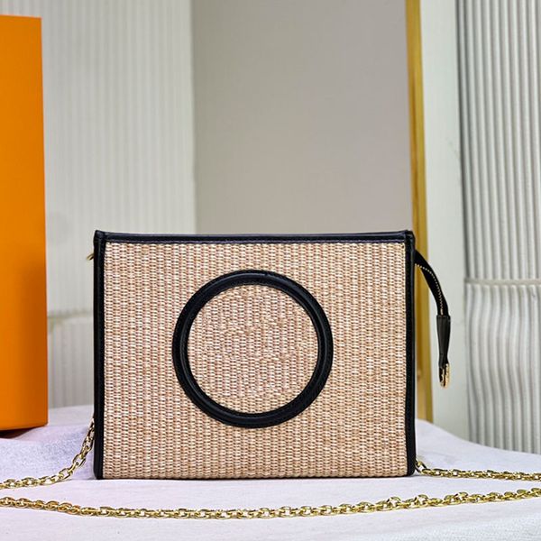 

fashion straw clutch bag weave shoulder bags zipper handbags purse chain summer lafite grass woven wash bags leather round classic letters b