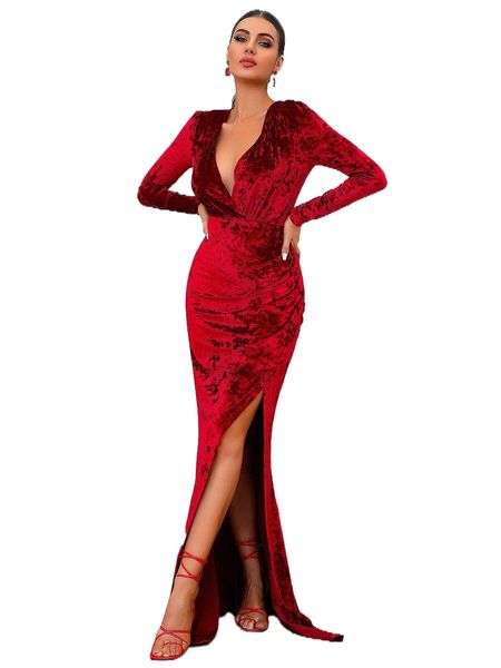 

love&lemonade surplice neck split thigh velvet prom dress d8te#, Black;gray