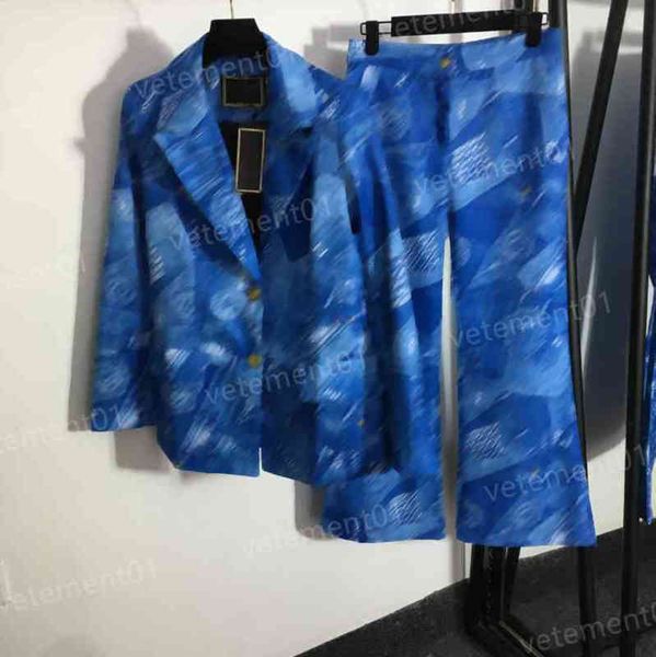 

womens two piece pants blue logo print lapel long-sleeve blazer and high-wai designers clothes, White