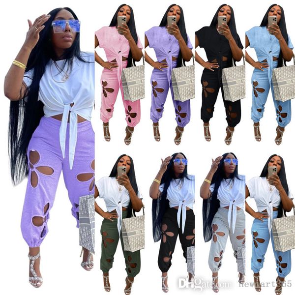 

women two piece pants set drawstring cotton pullover sunscreen short sleeve lace hole irregular set outfits, White