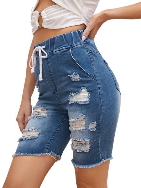 

drawstring waist raw hem ripped denim shorts q4fx#, White;black