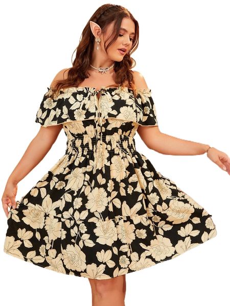 

plus all over floral print shirred tie front dress x01v#, Black