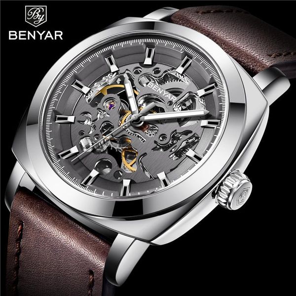 Relógios de pulso Benyar Homens assista Skeleton Automatic Mechanical Male Top Sport Military Military Wristwatch Relogio Masculino 5121