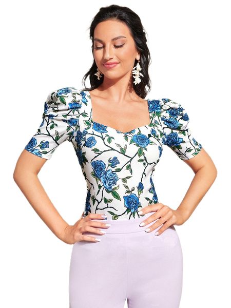 

floral print puff sleeve sweetheart neck tee q1ev#, White