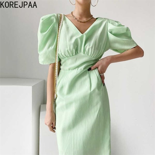 Korejpaa Abito da donna Estate Donna Francese Elegante Verde menta Scollo a V Vita pieghettata Manica a sbuffo di media lunghezza Spacchi sui fianchi Abiti 210526