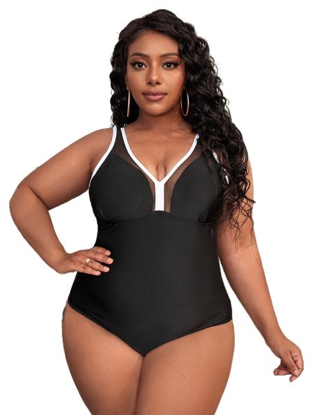 

plus contrast mesh contrast binding one piece swimsuit g8wi#, White;black