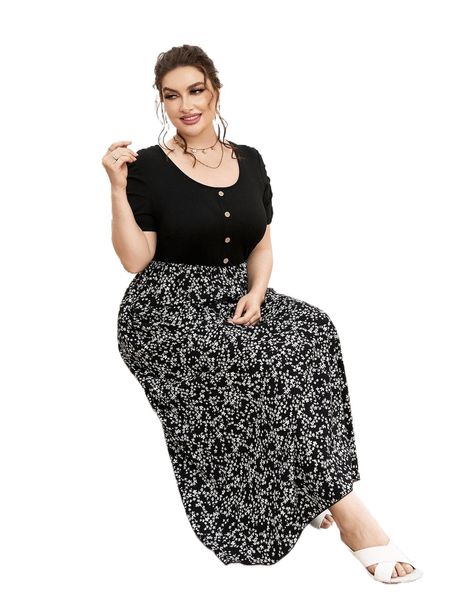 

plus ditsy floral puff sleeve fake button dress i7kq#, Black