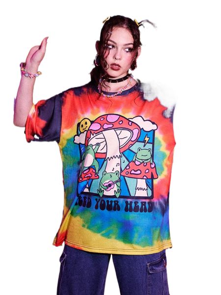 

romwe x sheepysheeps street life tie dye mushroom & frog pattern tee d3dv#, White