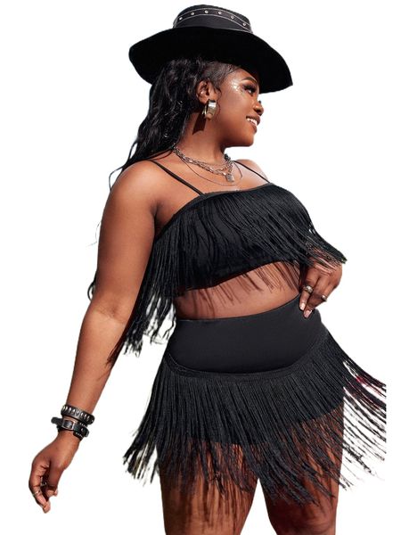 

plus fringe trim cami & shorts 475m#, Black