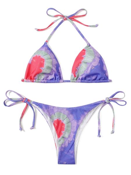 

tie dye rib halter triangle bikini swimsuit y7e8#, White;black