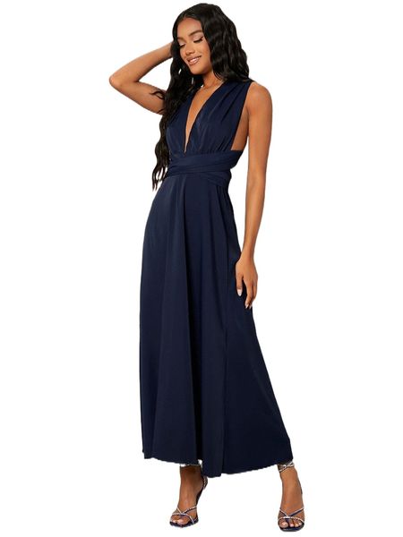 

crisscross tie back plunging neck dress l1dm#, Black;gray