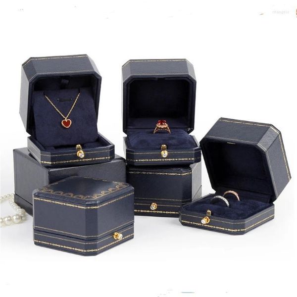 Sacchetti per gioielli Borse Scatole regalo Imballaggio per custodia per fedi nuziali con diamanti Custodia ottagonale per collana con ciondolo in carta blu Rita22