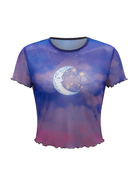

x ellie tompkins creative moon print tie side lettuce trim mesh tee x9ti#, White