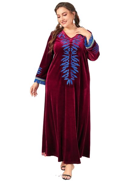 

plus plant embroidered fringe cuff velvet dress b5rw#, Black