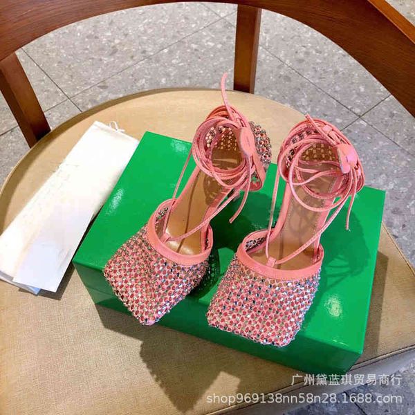 

sandals spring woven mesh cloth with diamond stitching cowhide ring foot strap square head hollow high-heeled sandals women's shoes, Black