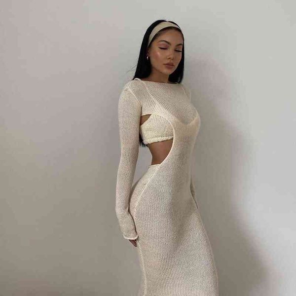 

knitted o neck dresses outfits women ribbed cut out backless bodycon long sleeve midi dress 2021 autumn casual clothes y220413, Black;gray