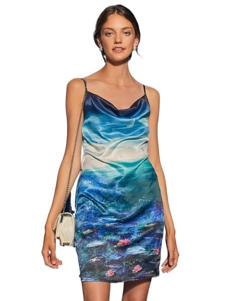 

x tina benally art floral & fish print draped collar cami dress l7z7#, Black;gray