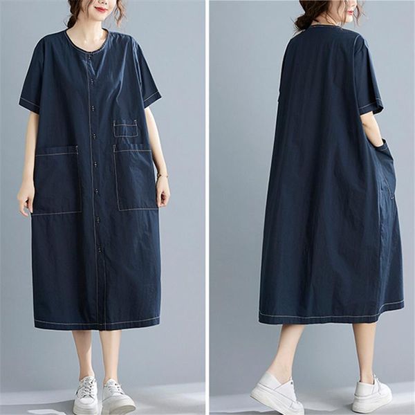 Damen Plus Size Jumpsuits Rolmers Kleider Sommer-Baumwollkleid weibliche große literarische runde Hals Einreißige offene Faden lose Kurzfilme