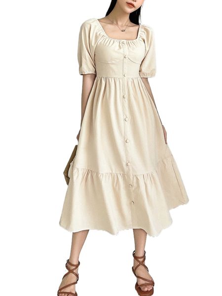 

dazy puff sleeve ruffle hem a-line dress h4xc#, Black;gray