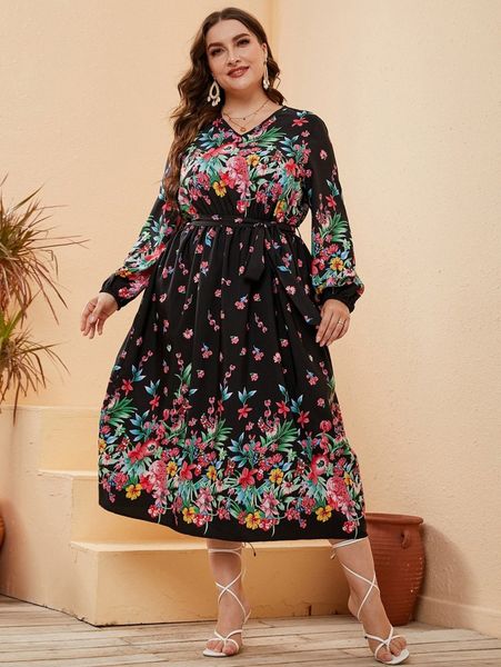 

plus floral print lantern sleeve belted dress o0vv#, Black