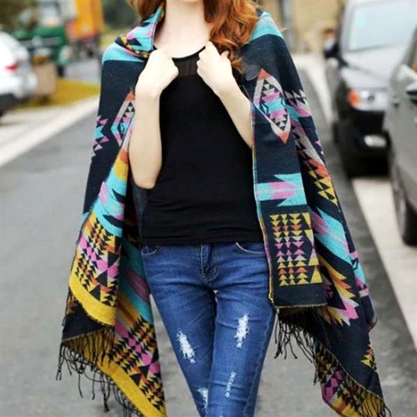 

fashion women winter poncho ethnic printed oodie cape bohemia acrylic wool shawl scarf ladies sweater fringe hooded242t, Blue;gray