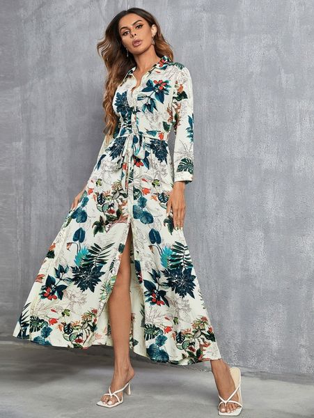 

tropical print button front belted shirt dress e0ev#, Black;gray