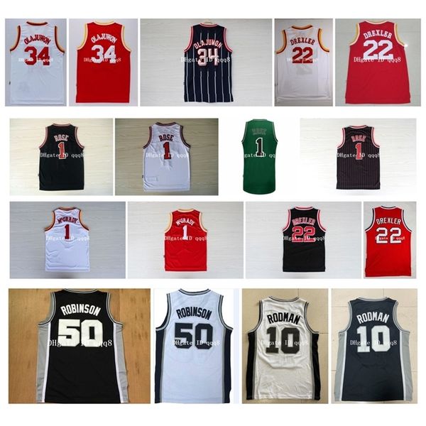 

nc01 ncaa derrick 1 rose jersey hakeem 34 olajuwon clyde 22 drexler dennis 10 rodman tracy 1 mcgrady robinson 100% stitched basketball jerse, Black