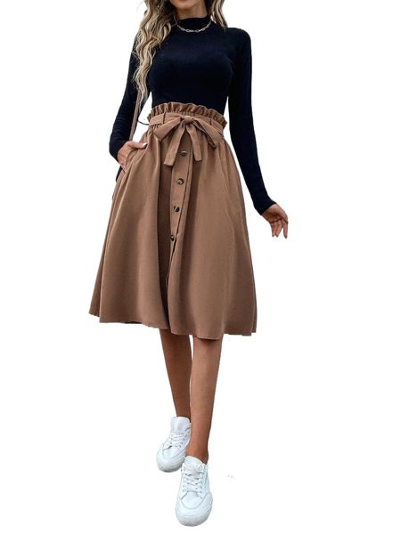 

paperbag waist belted skirt r6u0#, Black