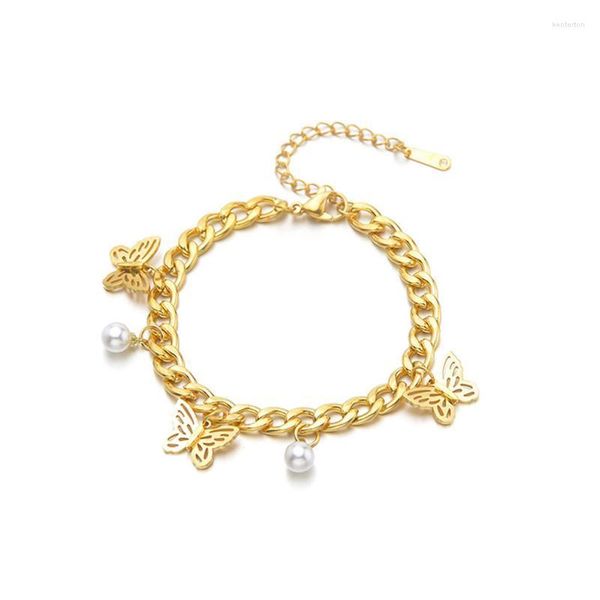 Bracciale rigido Bellissimo regalo di gioielli regolabile in acciaio inossidabile color argento o oro con perle a farfalla per le donne Cuba-ChainBangle Kent22