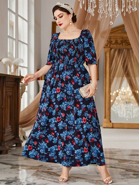 

plus random floral print shirred square neck dress m2am#, Black