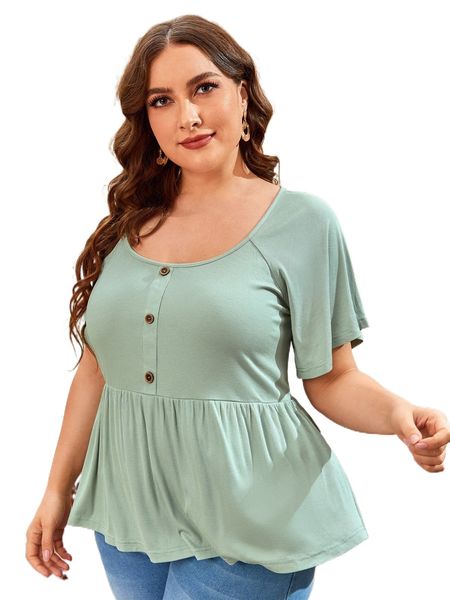 

plus raglan sleeve scoop neck flared hem n7fo#, Black