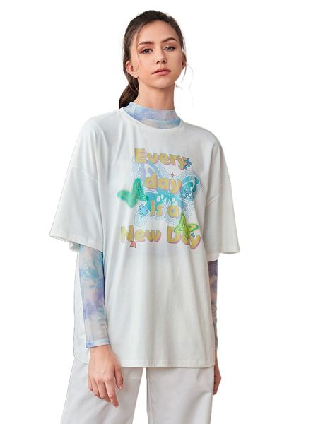 

butterfly & slogan graphic drop shoulder tee without liner u0ol#, White