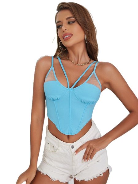 

d& mesh insert double strap asymmetrical hem crop cami b0zc#, White