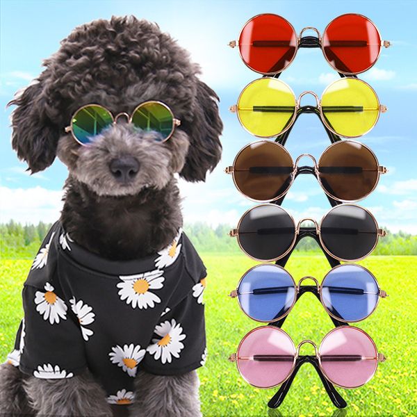 Cães Óculos de Sol Pets Eyeglasses Cão Vestuário Verão Adorável Vintage Redondo Reflexo Reflexo Olho Olhar Óculos Chihuahua Teddy Perro Pet Ornaments Cão Óculos Pequenos Raça