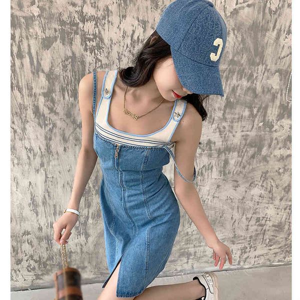 

casual dresses jingtian[berlin girl]slim suspender denim skirt + striped knitted vest two piece set for women in spring and summer jnmi, Black;gray