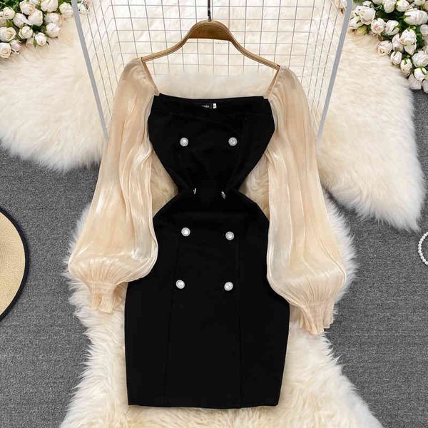 

casual dresses 2022 spring and autumn fashion fake two-piece square collar temperament slim thin pleated small man hip wrap dress wfht, Black;gray