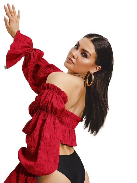 

off shoulder gathered sleeve peplum u3be#, White