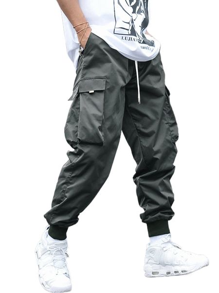 

men drawstring waist cargo pants n4m9#, Black