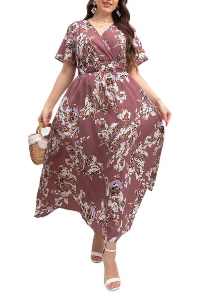 

plus floral print shirred waist overlap collar dress o4en#, Black