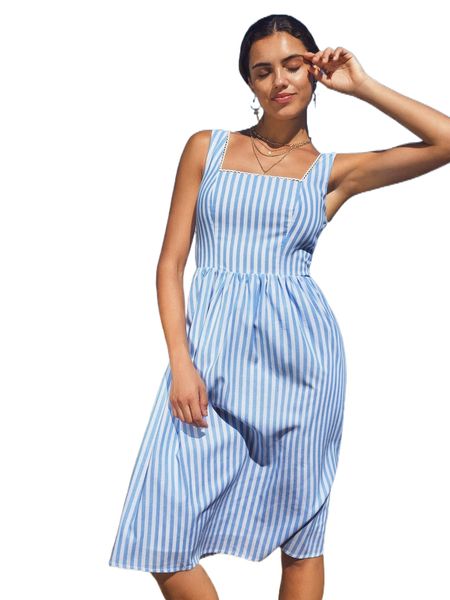 

striped print square neck dress n6x9#, Black;gray