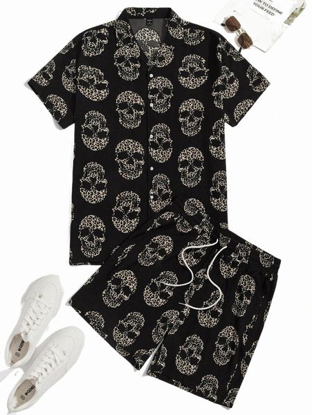 

men leopard skull print shirt & drawstring waist shorts d3vp#, Gray