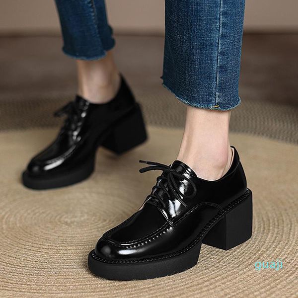 

dress shoes spring/autumn women split leather round toe platform solid lace up pumps thick heel for, Black