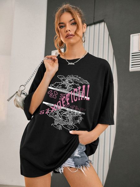 

dragon and slogan graphic oversized tee x7mt#, White