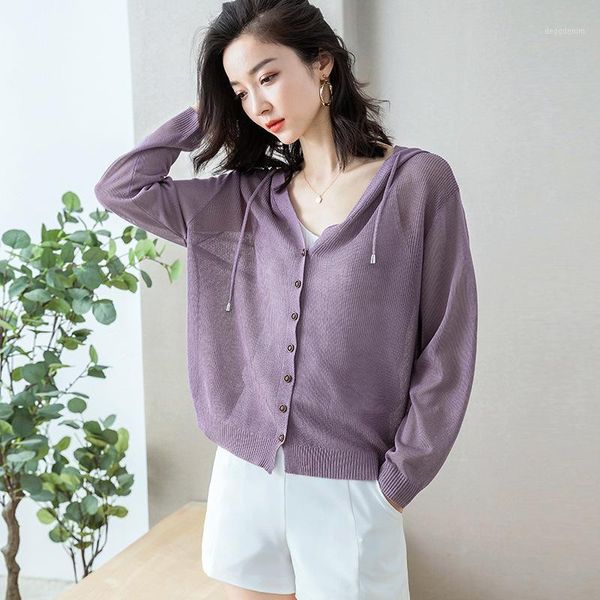 Maglieria da donna T-shirt cardigan a maniche lunghe maglione lavorato a maglia da donna abbottonatura con cappuccio in maglia top 2022 autunno sottile protezione solare tinta unita sciolto