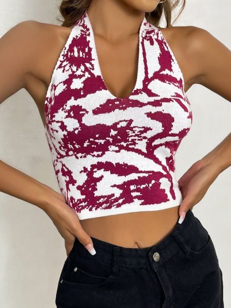 

graphic pattern backless halter knit w5vc#, White;black