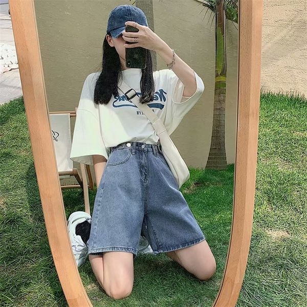 

feynzz fashion summer half women denim shorts high waist belted loose female short jeans streetwear 220622, White;black