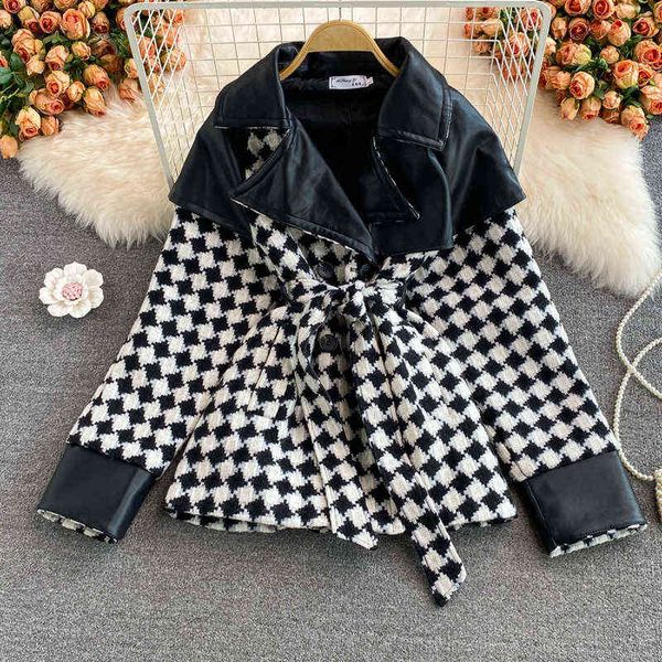 

pu leather stitching woolen jacket women autumn and winter korean loose thick jacket motorcycle wear casual coat l220728, Black