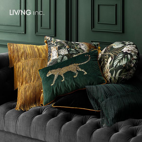 Темно -зеленый леопардовый вышивка подушка подушка винтажная коллекция бархатных животных Золотой диван куспин 220623