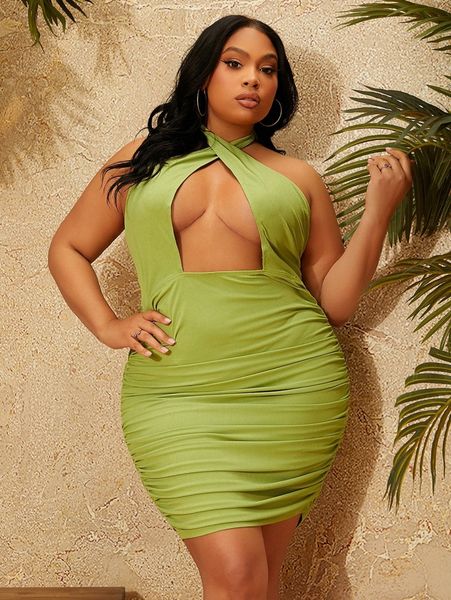 

sxy plus criss cross peekaboo front tie backless ruched bodycon halter dress g0ar#, Black